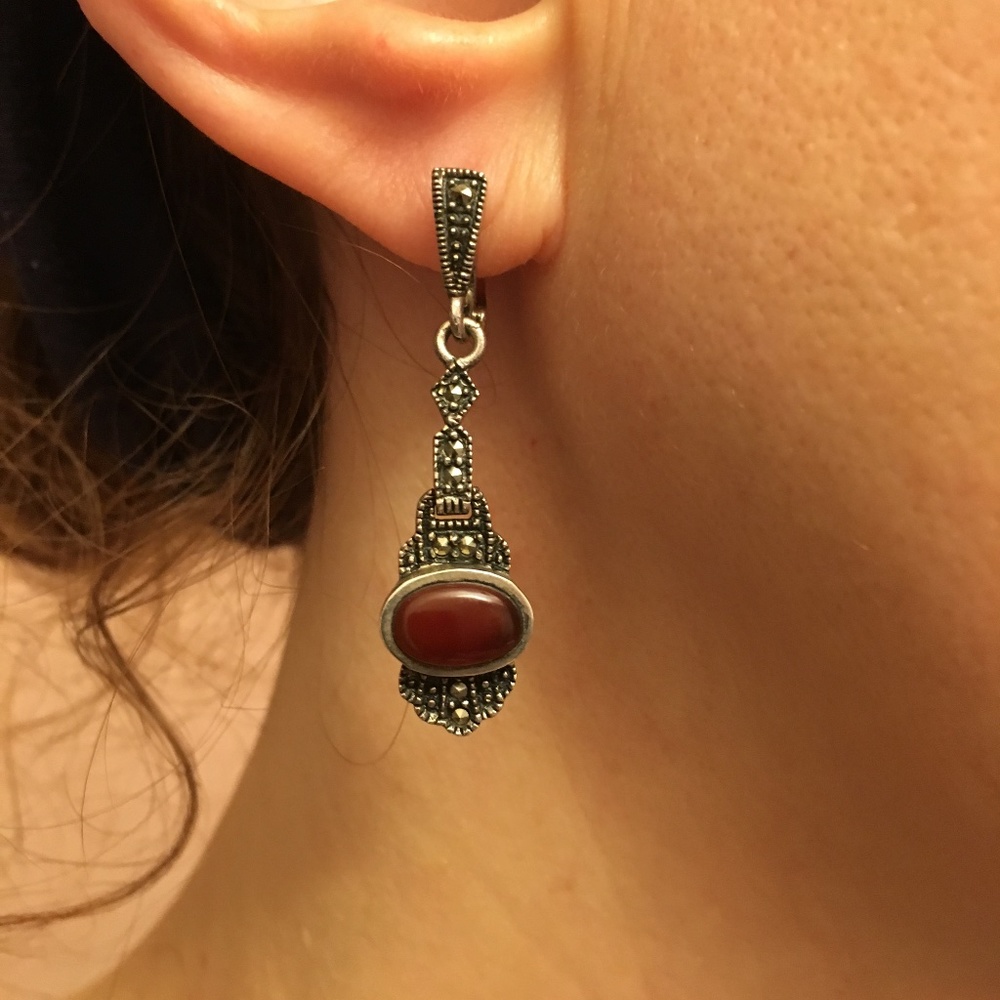 Vintage filagree 925 Sterling earrings with antique brown stone